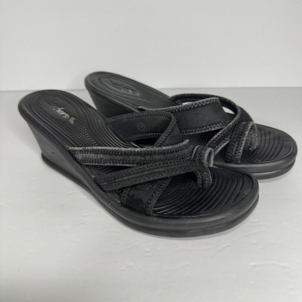 SKECHERS Sandals Women's Cali Rumblers 7  Black Straps Slide On Wedge Y2K